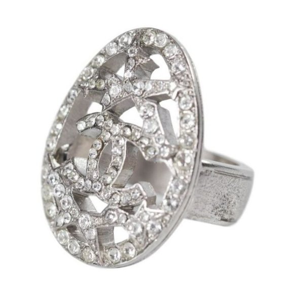 CHANEL Oval Statement Silver Cocktail Crystal Comete Star Pendant 07A Ring Sz6 - Picture 3 of 7